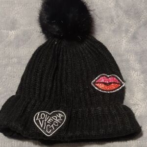 Black Kids Beanie with Pom Pom and Lip Patch